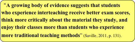 “A growing body of evidence suggests that students who experience interteaching receive better exam scores, think more critically about the material they study, and enjoy their classes more than students who experience more traditional teaching methods” (Saville, 2011, p. 131).